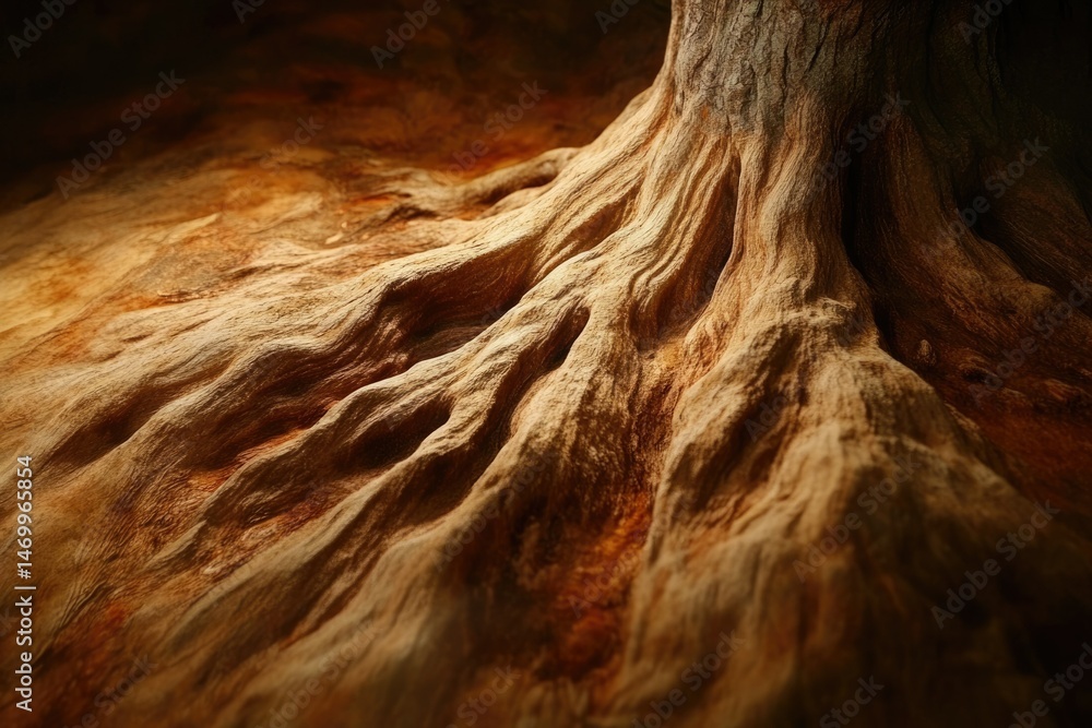 Poster close-up of tree roots showing intricate texture and warm brown tones.
