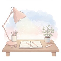 Pastel Workspace with Sunrise and Plant