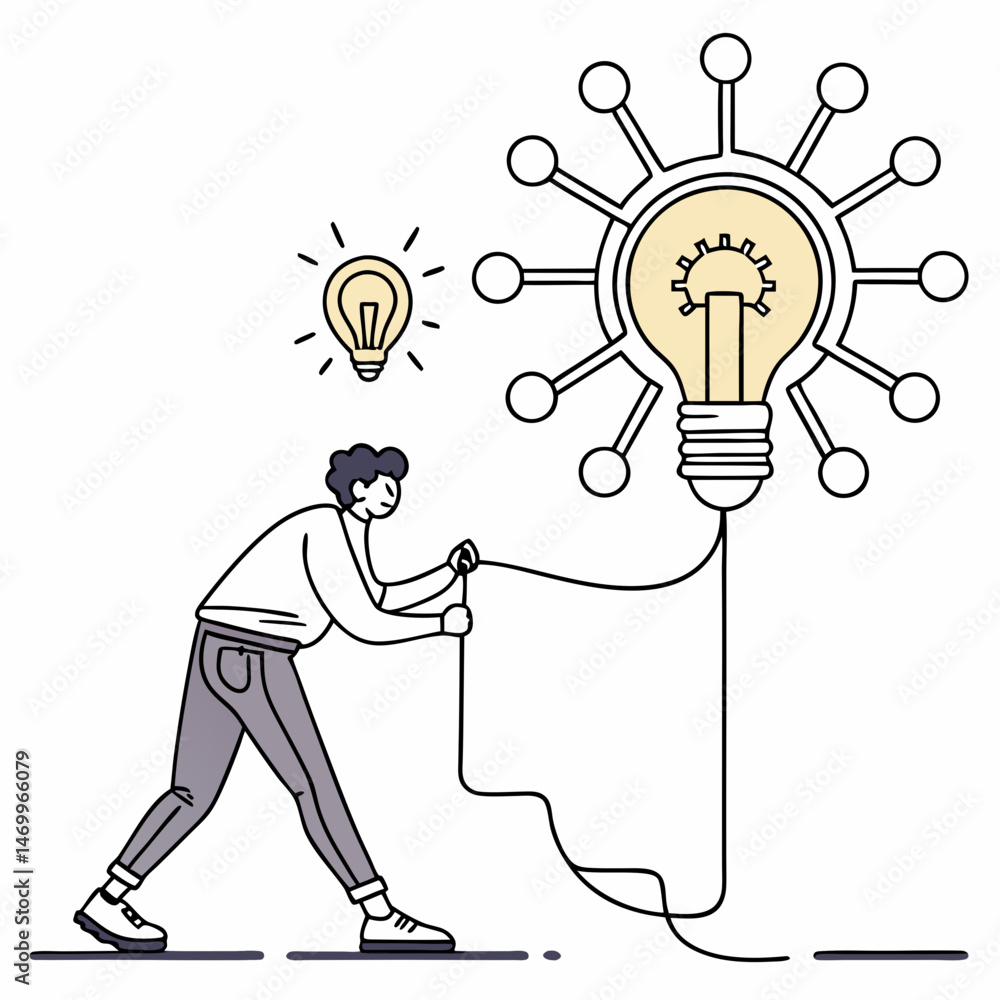 Poster a person connecting to a large idea represented by an illuminated lightbulb