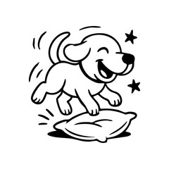 A dog mid-air above a pillow or soft bed, with floppy ears and an open-mouthed smile, in a lighthearted pose.