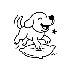 A dog mid-air above a pillow or soft bed, with floppy ears and an open-mouthed smile, in a lighthearted pose.