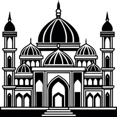 Elegant vector Silhouette of a mosque with domes and minarets, perfect for Ramadan, Eid, and Islamic celebrations.