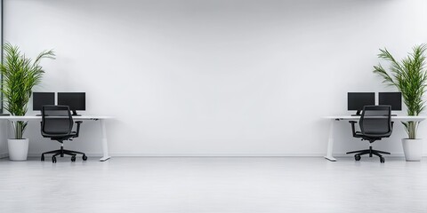 Modern minimalist office interior with two workstations and plants creating a clean and contemporary workspace design