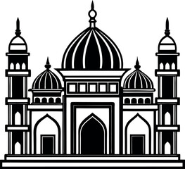 Elegant vector Silhouette of a mosque with domes and minarets, perfect for Ramadan, Eid, and Islamic celebrations.