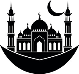 Elegant vector Silhouette of a mosque with domes and minarets, perfect for Ramadan, Eid, and Islamic celebrations.