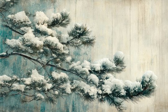 Snow-covered pine branch against a rustic wooden background, winter scene.