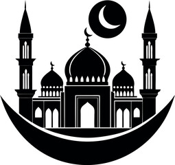 Elegant vector Silhouette of a mosque with domes and minarets, perfect for Ramadan, Eid, and Islamic celebrations.