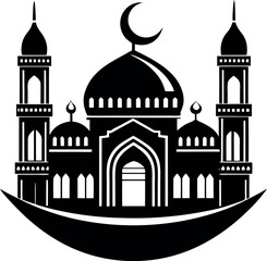 Elegant vector Silhouette of a mosque with domes and minarets, perfect for Ramadan, Eid, and Islamic celebrations.