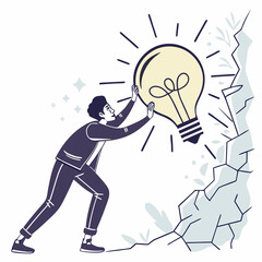 Man pushing forward to illuminate idea with bright light bulb creative concept