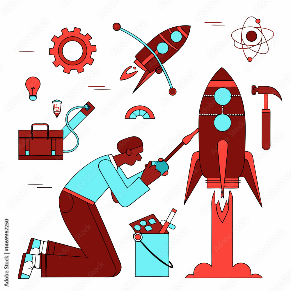 Poster a person constructing a rocket ship with tools in an illustrated vector design