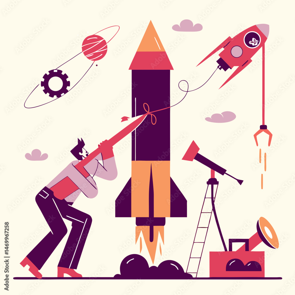 Poster vector illustration of a rocket launch with scientist preparing for space exploration