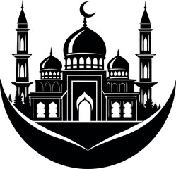 Elegant vector Silhouette of a mosque with domes and minarets, perfect for Ramadan, Eid, and Islamic celebrations.