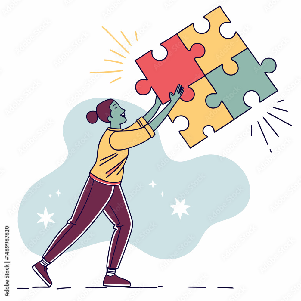 Poster woman solves the puzzle a symbolic representation of problem solving and teamwork