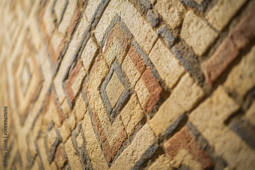 Poster close-up view of an ancient stone wall with a geometric diamond pattern, showcasing intricate crafts