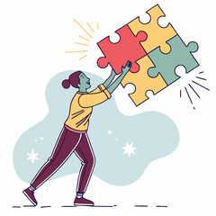 Fototapeta premium Woman solves the puzzle a symbolic representation of problem solving and teamwork
