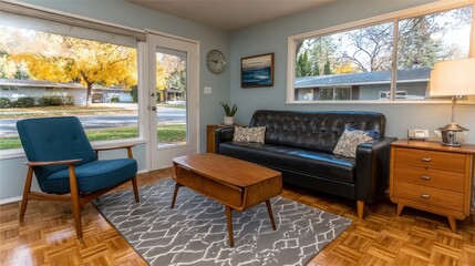 Fototapeta premium Mid century Modern Living Room with Autumn View Comfortable Sofa and Chair