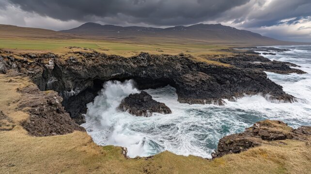 Dramatic Coastal Landscape with Rocky Arch and Stormy Waves