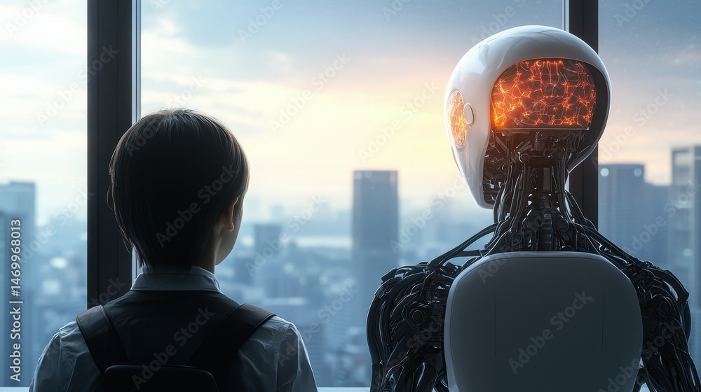Poster A child and a robot stand side by side, looking out over a modern cityscape through large windows.