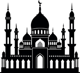 Elegant vector Silhouette of a mosque with domes and minarets, perfect for Ramadan, Eid, and Islamic celebrations.