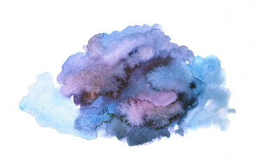 Abstract watercolor stain in blue and purple shades on white background. Artistic paint splash perfect for design, texture, or creative projects.