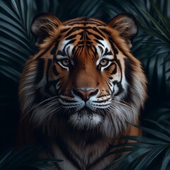 Majestic Sumatran Tiger Portrait in Lush Tropical Foliage