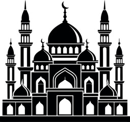 Elegant vector Silhouette of a mosque with domes and minarets, perfect for Ramadan, Eid, and Islamic celebrations.