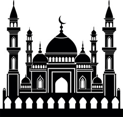 Elegant vector Silhouette of a mosque with domes and minarets, perfect for Ramadan, Eid, and Islamic celebrations.