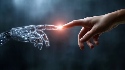 A human hand reaching or pointing towards an AI robot's finger, symbolizing the connection between