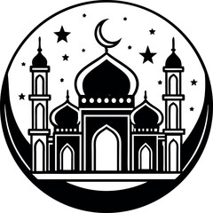 Elegant vector Silhouette of a mosque with domes and minarets, perfect for Ramadan, Eid, and Islamic celebrations.