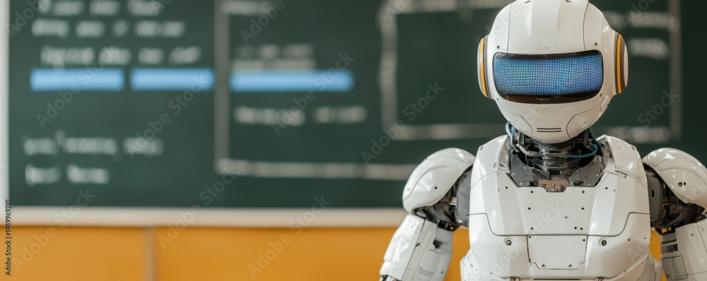 Poster A humanoid robot stands in front of a classroom blackboard, appearing ready to teach or interact with students.