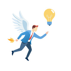 Businessman with angel wings chasing an idea depicted with lightbulb metaphor