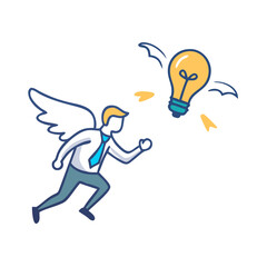 Businessman with wings chasing a flying idea depicted with transparency