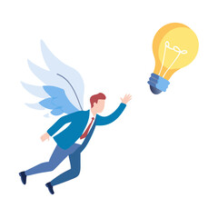Businessman with wings reaching towards a glowing lightbulb symbolic of innovation