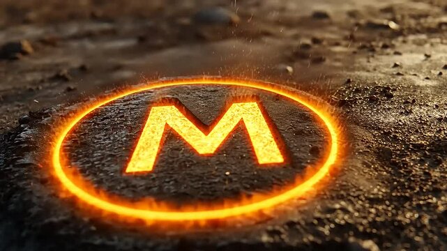 Glowing letter M engraved in dark stone with fire outline