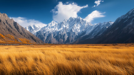 Obraz premium Majestic Mountain Range and Golden Meadow