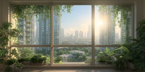 High-end apartment balcony view, window framed, overlooks modern complex, lush greens. Bright sun, hazy god rays. Plants on ledge. Serene urban day.