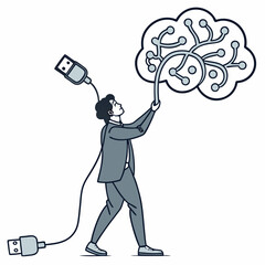Businessman connecting usb cable to brain representing technology and innovation