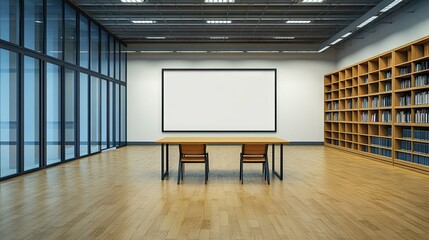 Empty library interior with large blank display.