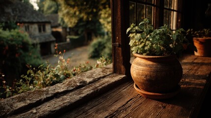 Obraz premium Rustic Earthenware Pot with Greenery on Wooden Windowsill overlooking Village