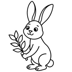 Adorable Cartoon Bunny Holding a Branch of Leaves