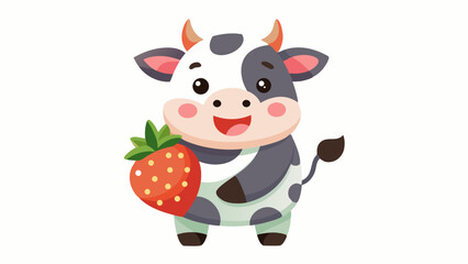 Adorable Cartoon Cow Holding a Ripe Strawberry