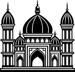 Elegant vector Silhouette of a mosque with domes and minarets, perfect for Ramadan, Eid, and Islamic celebrations.