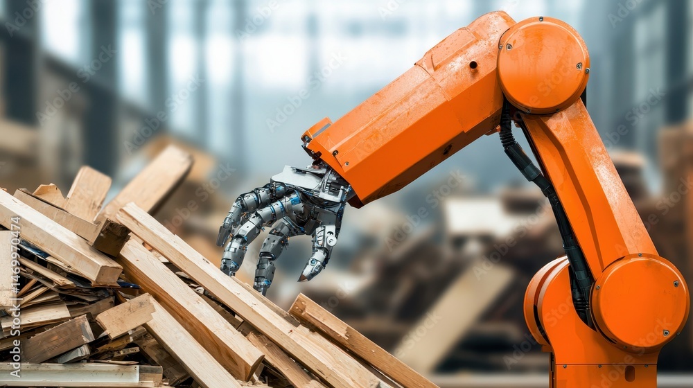 Poster an orange industrial robot arm handles wooden planks in a factory setting, showcasing automation in 