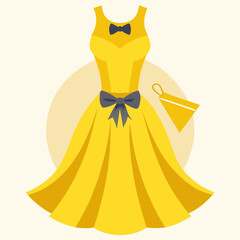 Elegant Yellow Dress with Bow and Matching Handbag Illustration