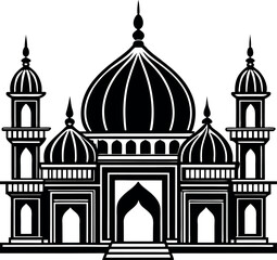 Elegant vector Silhouette of a mosque with domes and minarets, perfect for Ramadan, Eid, and Islamic celebrations.