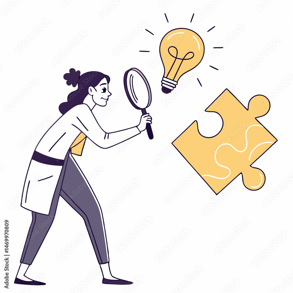 Poster scientist examining a lightbulb and puzzle piece representing idea and solution