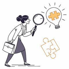 Businesswoman inspecting an idea represented by light bulb and puzzle piece
