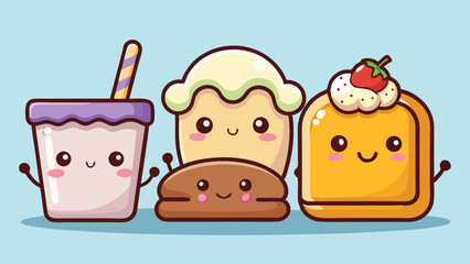 Cute Cartoon Food Characters Milk Drink Cake and Toast