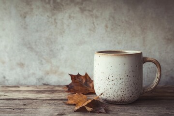 A rustic mug sits on a wooden table, accompanied by autumn leaves, creating a cozy autumnal scene.