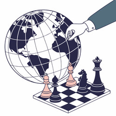Global strategy and leadership illustrated with chess pieces and globe visualization